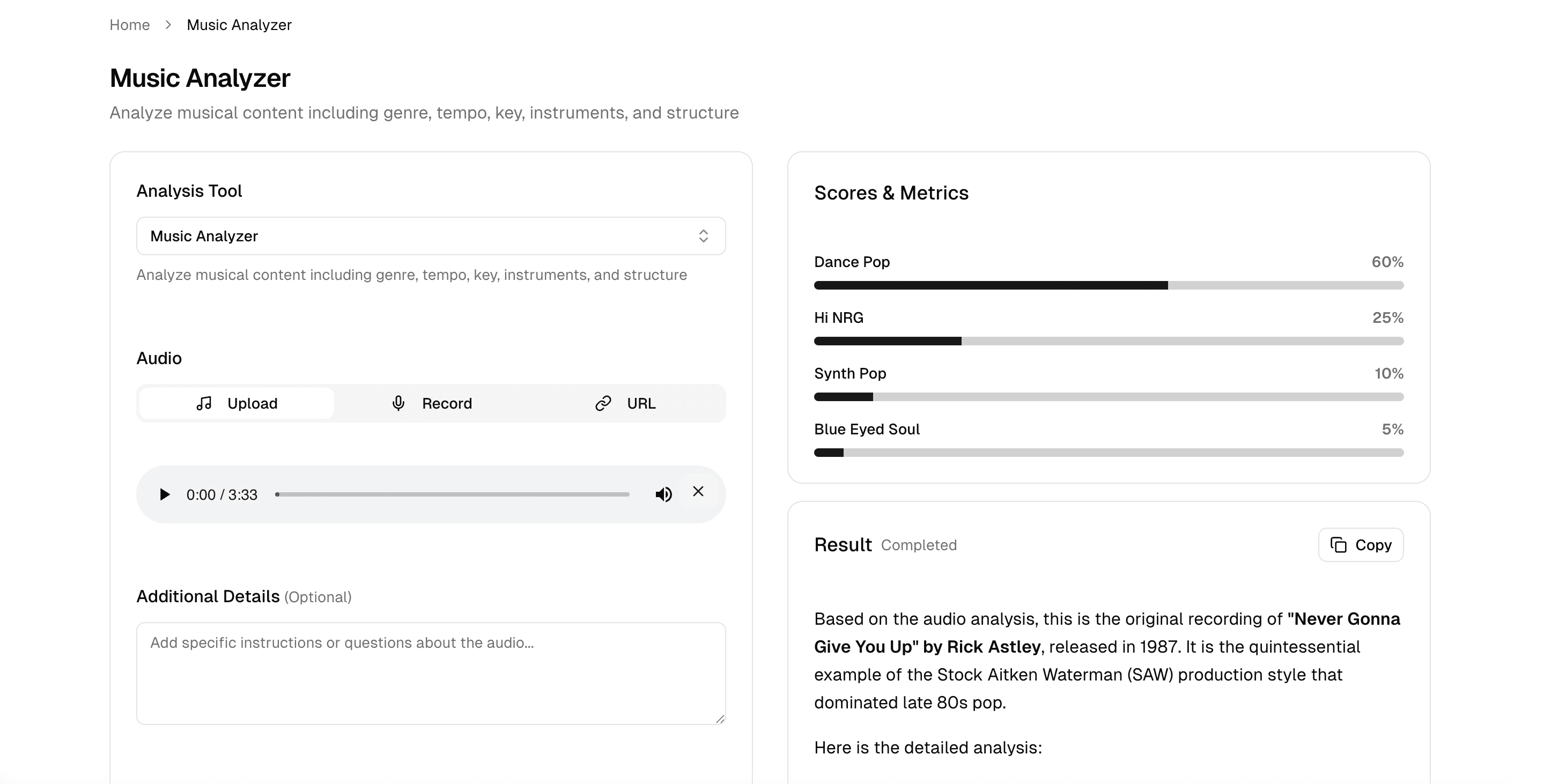 LindaleAI audio analysis tool showing detailed AI-powered analysis with scores, metrics, and comprehensive audio insights